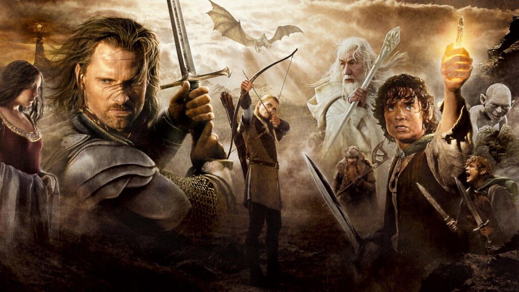 A dynamic scene from 'The Lord of the Rings,' featuring key characters engaged in battle and adventure. In the foreground, Aragorn holds a sword with intense determination, while Legolas draws his bow and prepares to shoot. Frodo, holding the One Ring high, looks distressed and determined, with Samwise at his side ready for combat. Gandalf stands behind them, staff in hand, overseeing the group with a wise and protective presence. Gollum lurks in the background, gazing at the ring with obsession. Above, a dragon flies against a stormy sky, while distant landscapes hint at epic journeys and battles to come. One of the Best Oscar-Winning Films Of All Time